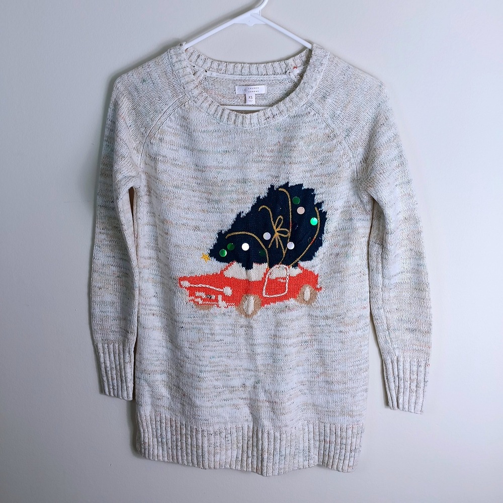 LC Lauren Conrad Christmas Sweater Womens XS Cream Sequin Tree Car Excellent